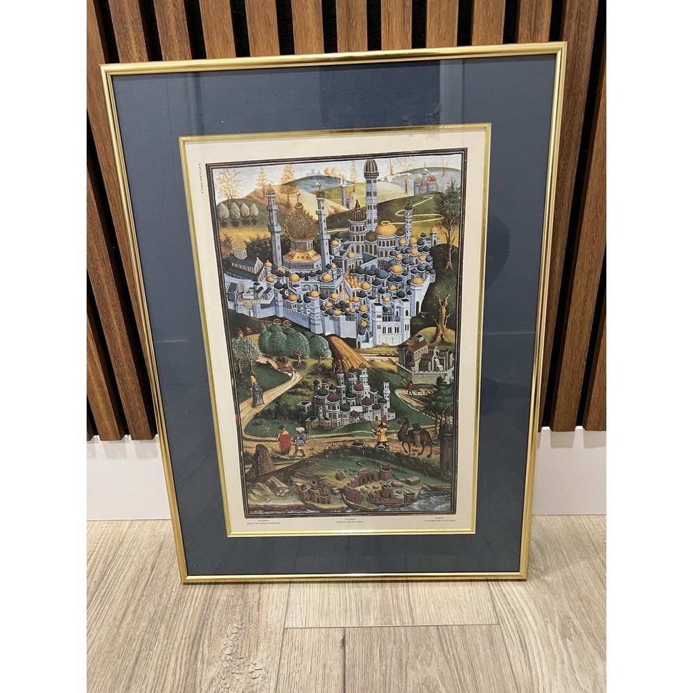 Vintage Jerusalem 15th Century Manuscript Print Terra Sancta Arts Framed 22"